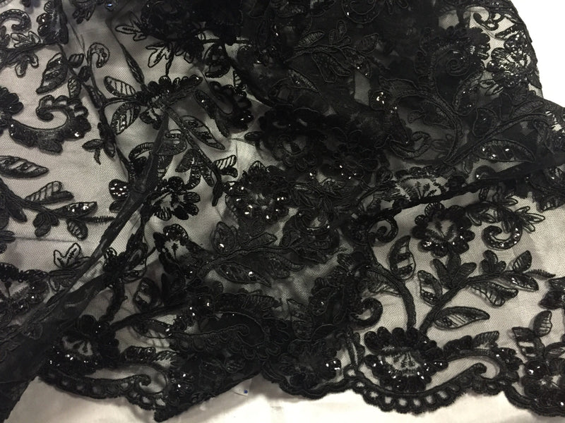 Black corded flowers embroider with sequins on a mesh lace fabric-wedding-bridal-prom-nightgown-sold by the yard-
