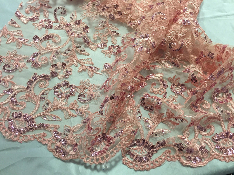 Peach corded flowers embroider with sequins on a mesh lace fabric-wedding-bridal-prom-nightgown-sold by the yard-