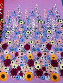 Multi color Sun flower 3d design embroider in a mesh lace-sold by the yard.