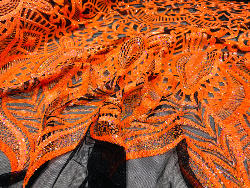 Neon Orange iridescent royalty design on a black 4 way stretch mesh-prom-sold by the yard.