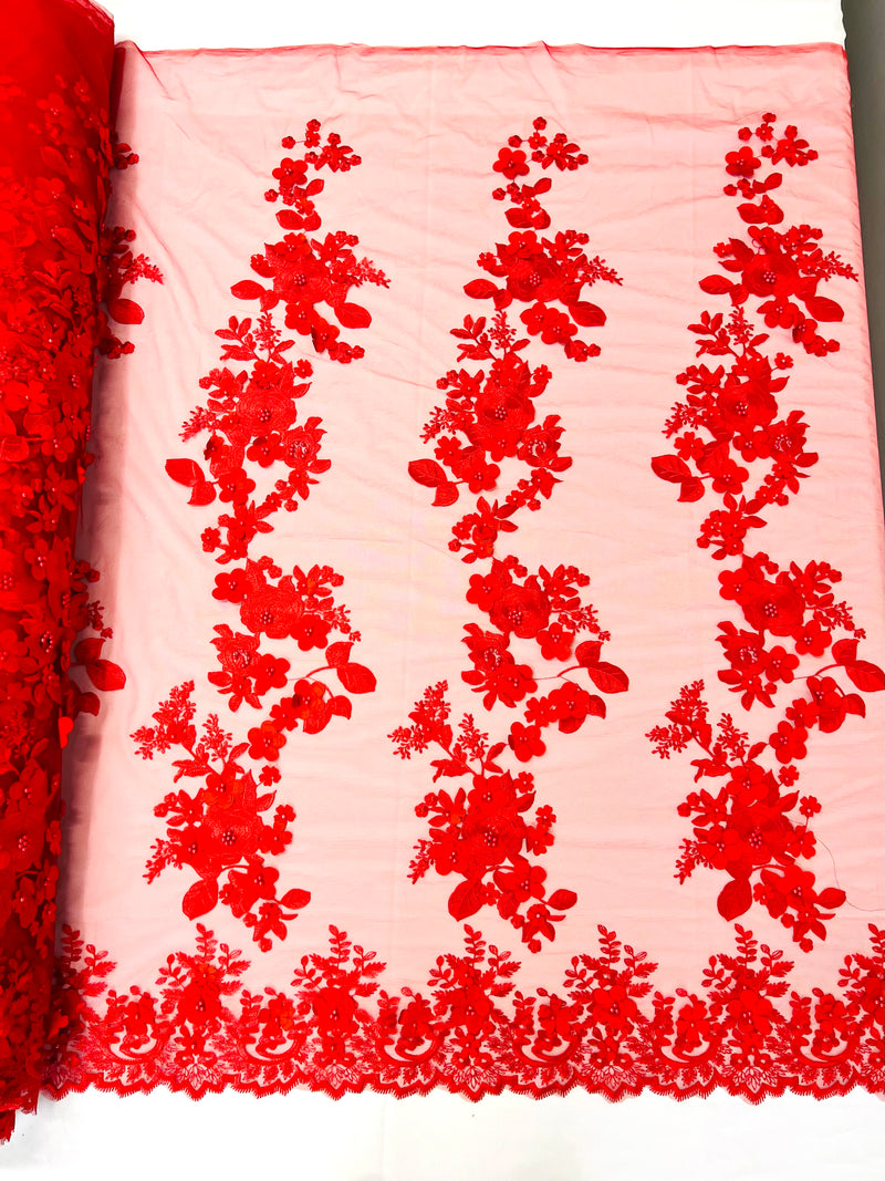 Scarlet 3d floral design embroider with pearls in a mesh lace-sold by the yard.