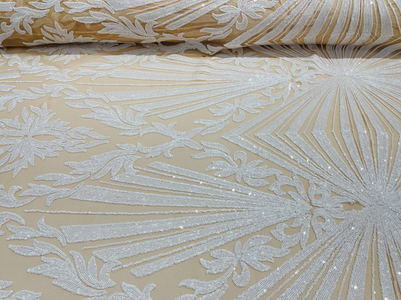 White sequin damask design on a  nude 4 way stretch mesh- sold by the yard.