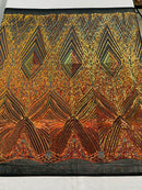 Queens geometric diamond design with shiny sequins on a 4 way stretch mesh fabric- sold by the yard.