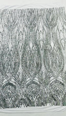 Feather damask shiny sequin design on a 4 way stretch mesh Fabric-prom-sold by the yard.