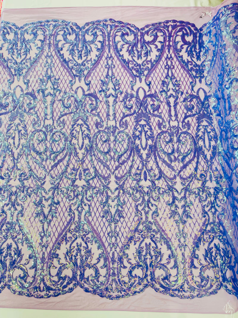Iridescent Heart Damask sequin design on a 4 way stretch mesh fabric-prom-sold by the yard.