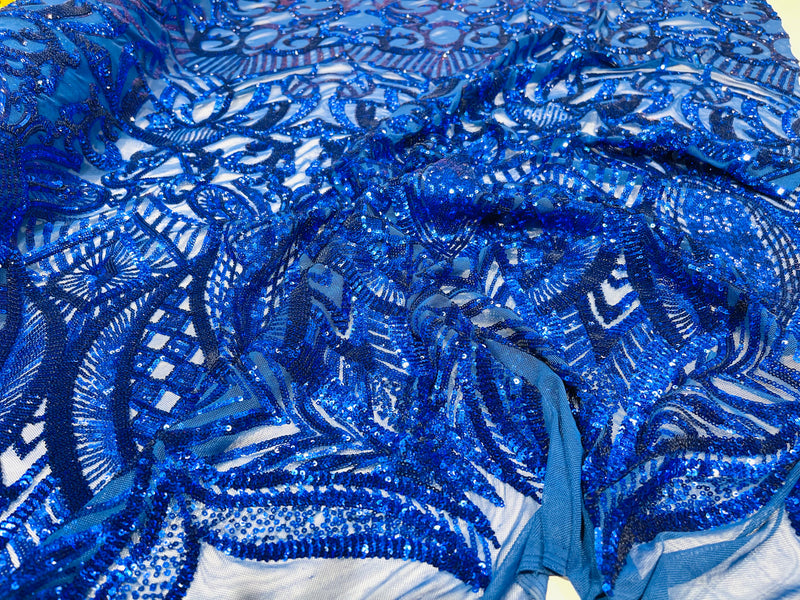 Royal Blue royalty design on a 4 way stretch mesh-prom-sold by the yard.