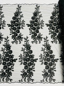Rosa 3d floral design embroider with rhinestones in a mesh lace-sold by the yard.