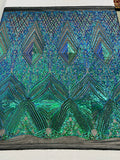 Queens geometric diamond design with shiny sequins on a 4 way stretch mesh fabric- sold by the yard.