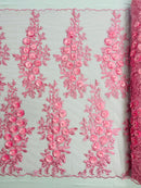 Rosa 3d floral design embroider with rhinestones in a mesh lace-sold by the yard.