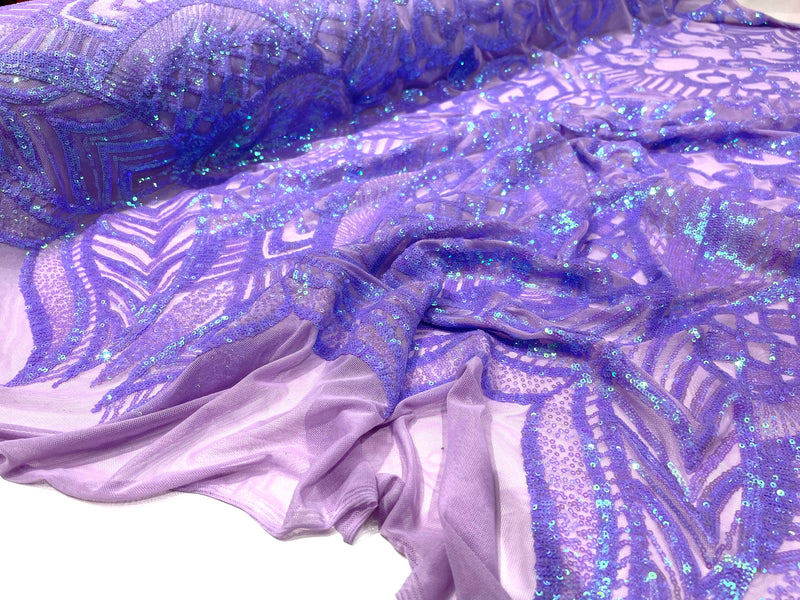 Lavender iridescent royalty design on a 4 way stretch mesh-prom-sold by the yard.