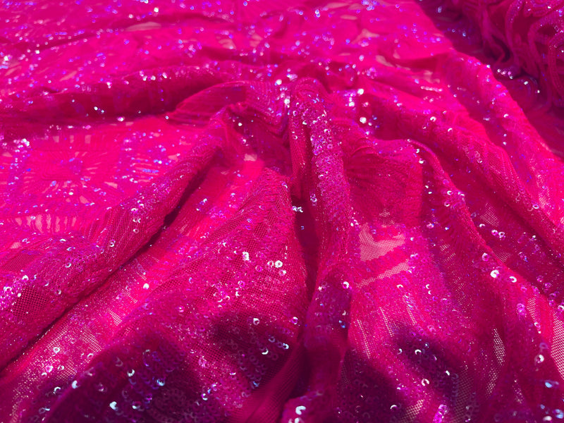 Neon pink iridescent royalty design on a 4 way stretch mesh-prom-sold by the yard.