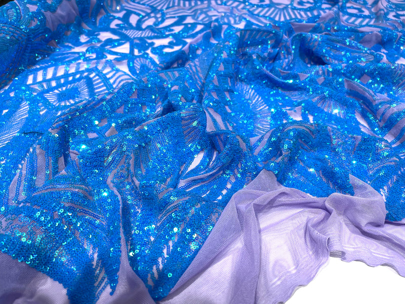 Turquoise iridescent royalty design on a lavender 4 way stretch mesh-prom-sold by the yard.