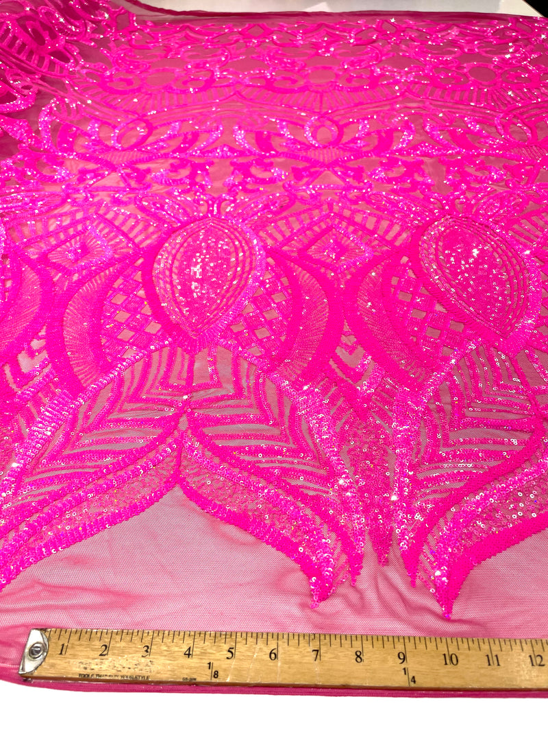 Hot Pink iridescent royalty design on a 4 way stretch mesh-prom-sold by the yard.