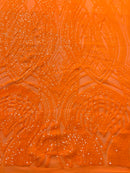 Feather damask shiny sequin design on a 4 way stretch mesh Fabric-prom-sold by the yard.