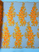 Rosa 3d floral design embroider with rhinestones in a mesh lace-sold by the yard.