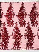 Rosa 3d floral design embroider with rhinestones in a mesh lace-sold by the yard.