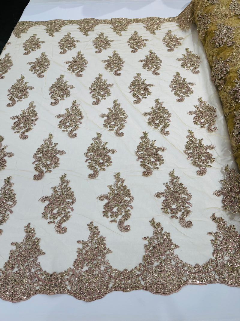 Rose gold  floral design embroidery on a mesh lace with sequins and metallic cord-sold by the yard.