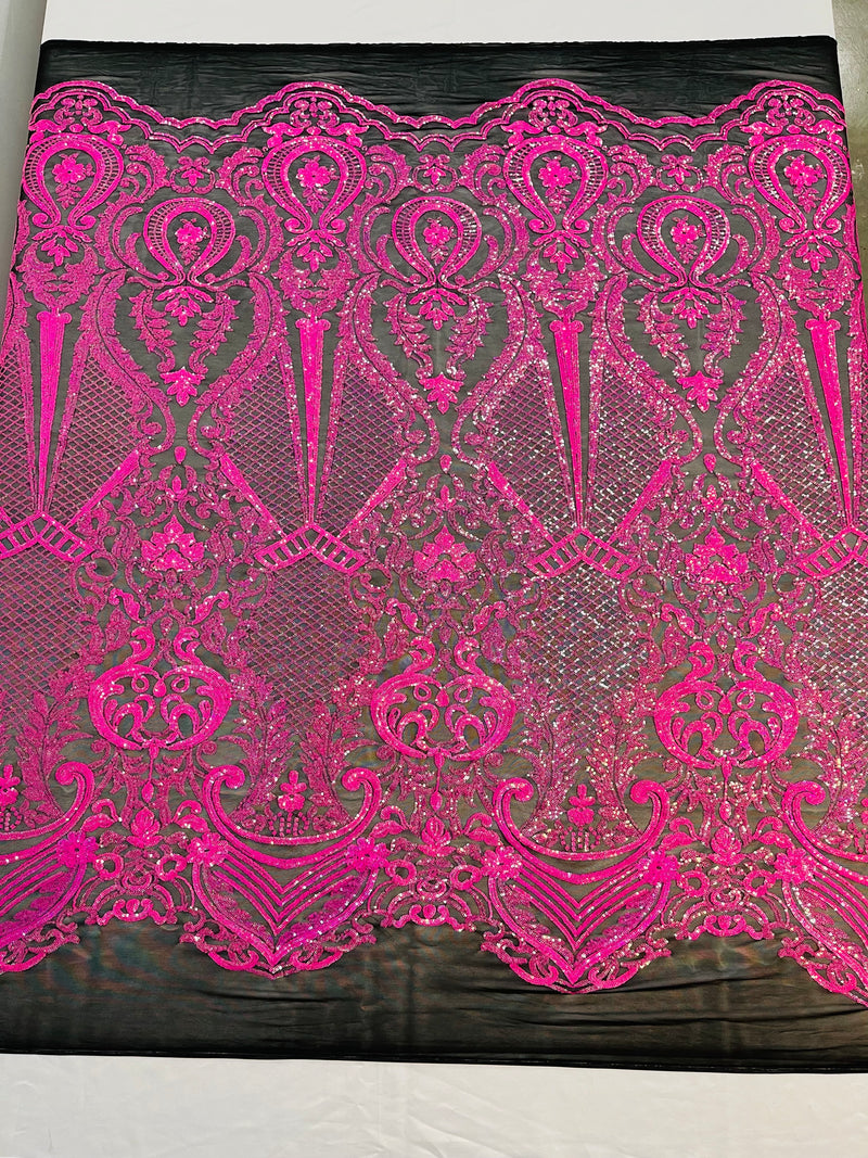 Neon Colos Small Damask Sequins Design on a 4 Way Stretch Mesh Fabric- 48/50" Wide- Sold By The Yard.