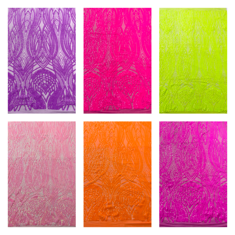 Feather damask shiny sequin design on a 4 way stretch mesh Fabric-prom-sold by the yard.