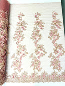 Scarlet 3d floral design embroider with pearls in a mesh lace-sold by the yard.