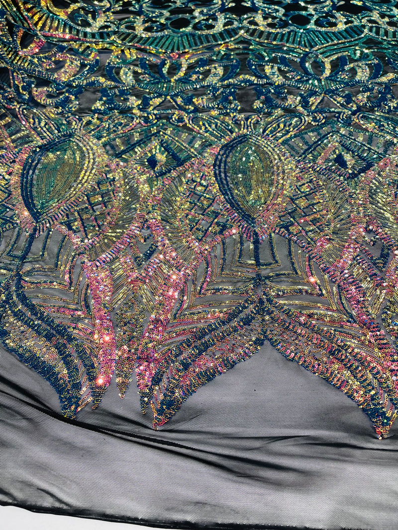 Rainbow iridescent royalty design on a black 4 way stretch mesh-prom-sold by the yard.
