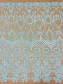 New Damask design with sequins embroider on a 4 way stretch mesh fabric-sold by the yard.