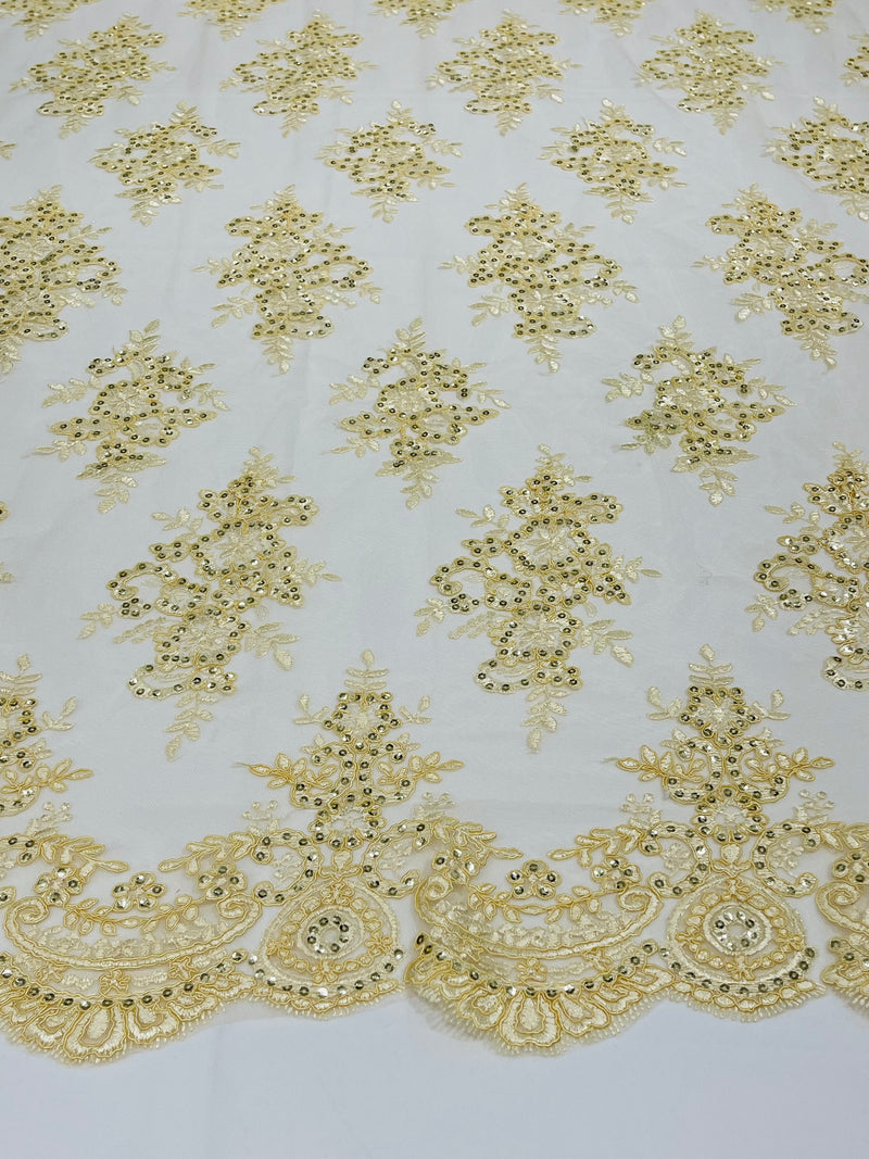 Modern Floral embroider with sequins on a mesh lace fabric-sold by the yard.