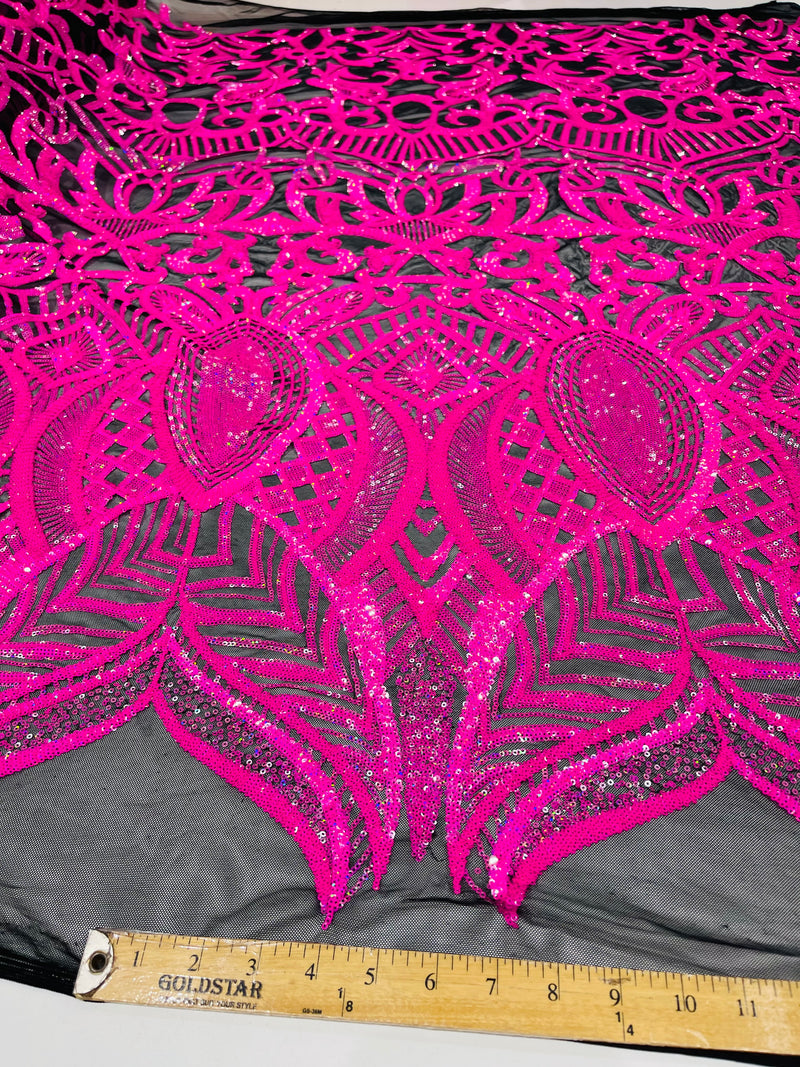 Neon Pink iridescent royalty design on a black 4 way stretch mesh-prom-sold by the yard.