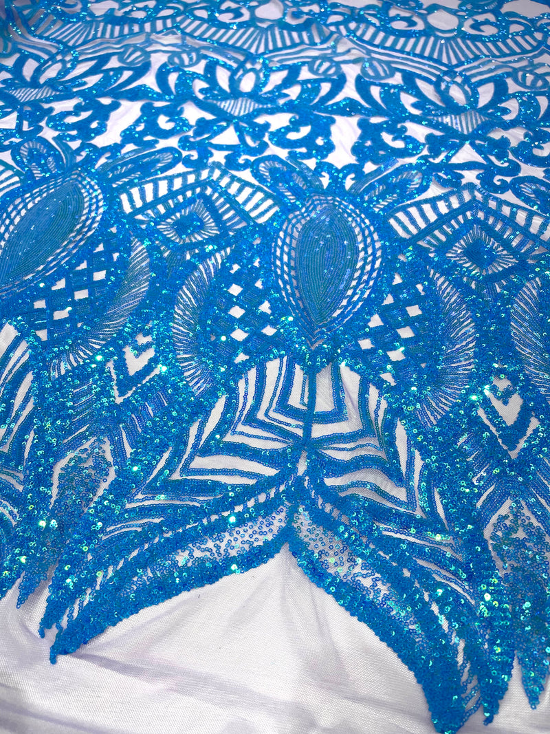 Turquoise iridescent royalty design on a lavender 4 way stretch mesh-prom-sold by the yard.