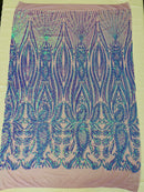 Paisley sequin design on a nude 4 way stretch mesh-prom-sold by the yard.