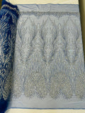 Wing feathers damask embroider and heavy beaded on a mesh lace fabric-sold by the yard