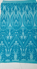 BIG DAMASK SEQUIN ON STRETCH MESH FABRIC (By The Yard)