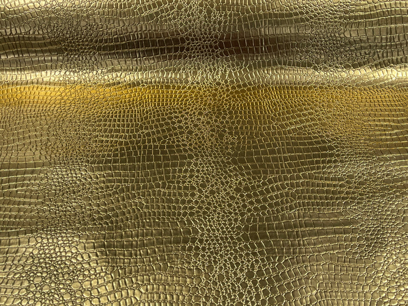 Metallic Gold Faux Crocodile Vinyl Embossed 3D Scales-Faux Leather-Sold By Yard