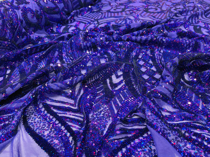 Purple iridescent royalty design on a 4 way stretch mesh-prom-sold by the yard.