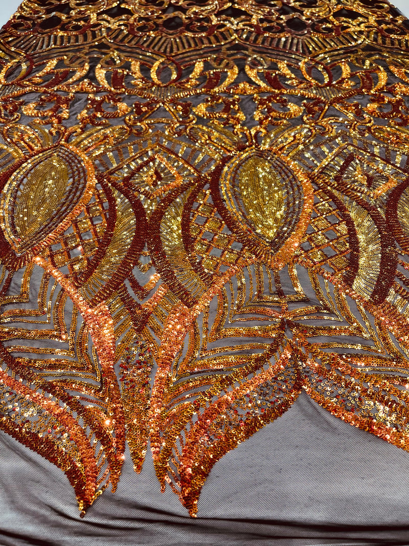 Orange iridescent royalty design on a Black 4 way stretch mesh-prom-sold by the yard.