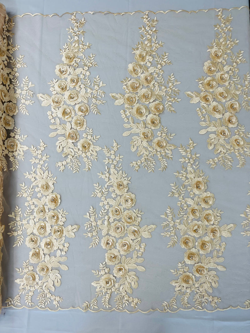 Rosa 3d floral design embroider with rhinestones in a mesh lace-sold by the yard.