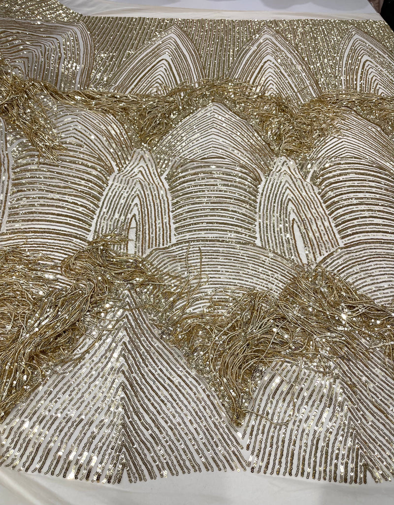 Maggie Fringe sequins design on a 4 way stretch mesh fabric-prom-sold by the yard.