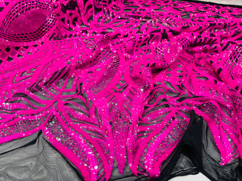 Neon Pink iridescent royalty design on a black 4 way stretch mesh-prom-sold by the yard.