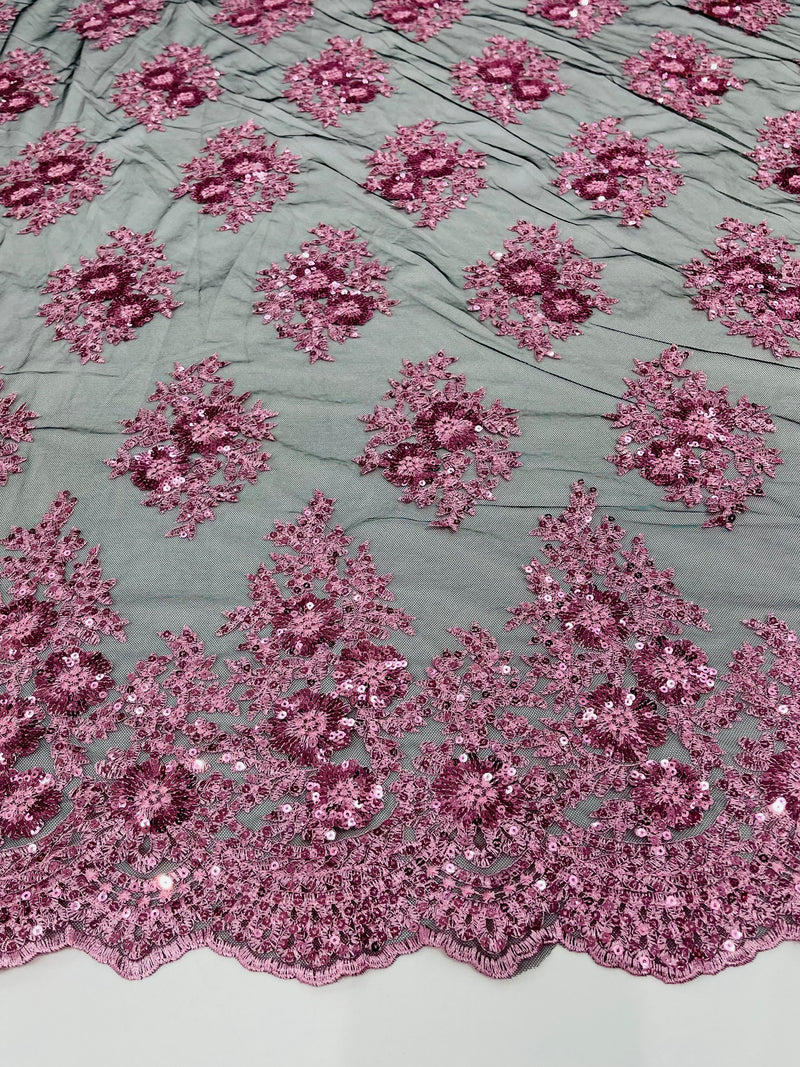 Floral corded embroider with glitter sequins on a mesh lace fabric-sold by the yard