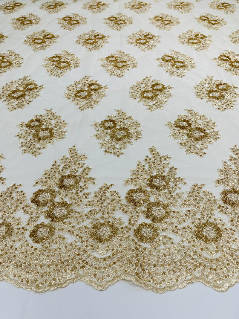 Floral corded embroider with glitter sequins on a mesh lace fabric-sold by the yard