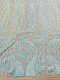 Feather damask shiny sequin design on a 4 way stretch mesh Fabric-prom-sold by the yard.