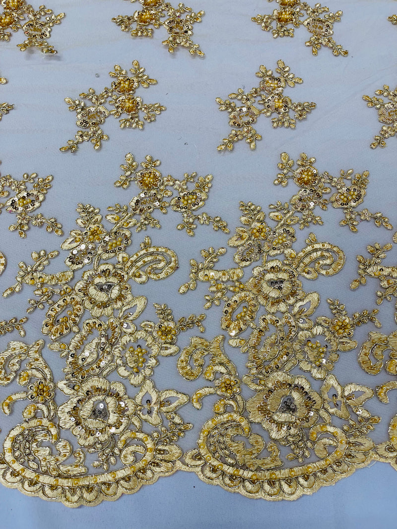 Gold Metallic fashion floral design embroider with sequins and hand beaded on a mesh lace-dresses-fashion-decorations-prom-sold by yard.