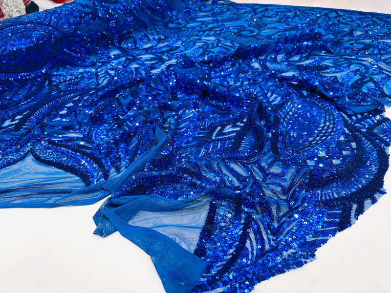 Royal Blue royalty design on a 4 way stretch mesh-prom-sold by the yard.