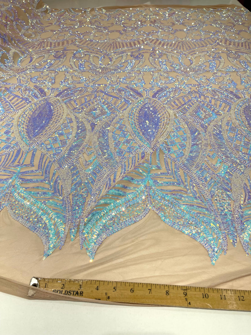 Aqua Clear iridescent royalty design on a nude 4 way stretch mesh-prom-sold by the yard.