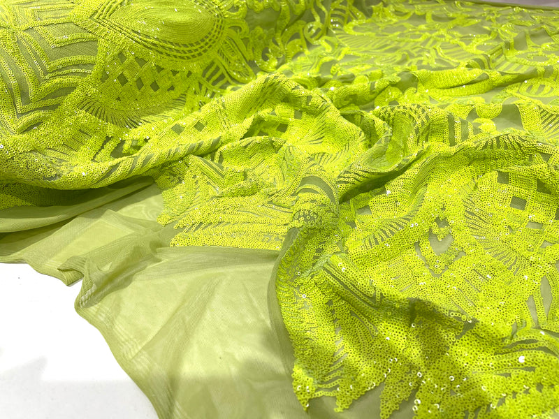 Neon Green iridescent royalty design on a green 4 way stretch mesh-prom-sold by the yard.