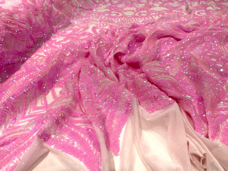 Candy Pink iridescent royalty design on a light pink 4 way stretch mesh-prom-sold by the yard.