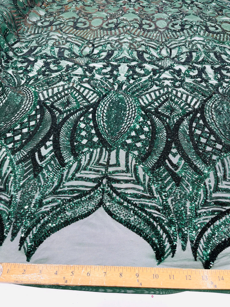 Hunter Green royalty design on a 4 way stretch mesh-prom-sold by the yard.