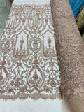Diva design damask embroidery with heavy beaded on a mesh lace-sold by the yard.