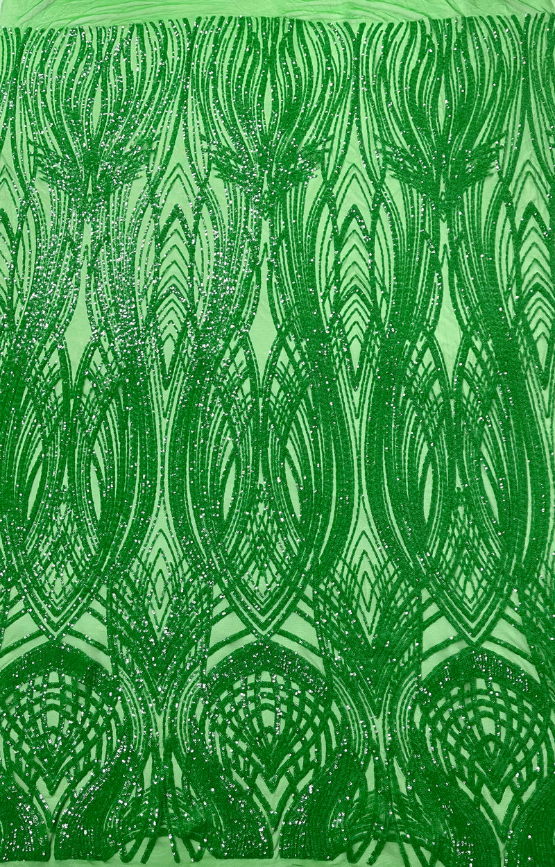 Feather damask shiny sequin design on a 4 way stretch mesh Fabric-prom-sold by the yard.