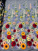 Multi color Sun flower 3d design embroider in a mesh lace-sold by the yard.
